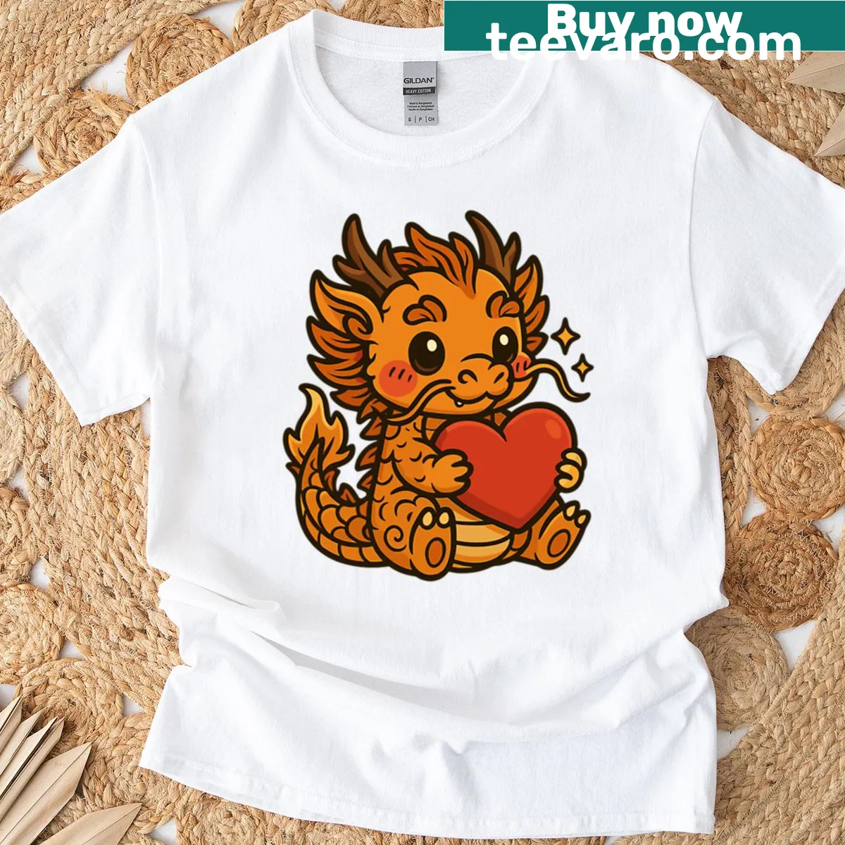 Chibi dragon holding a heart with sparkles design — on a men's t-shirt