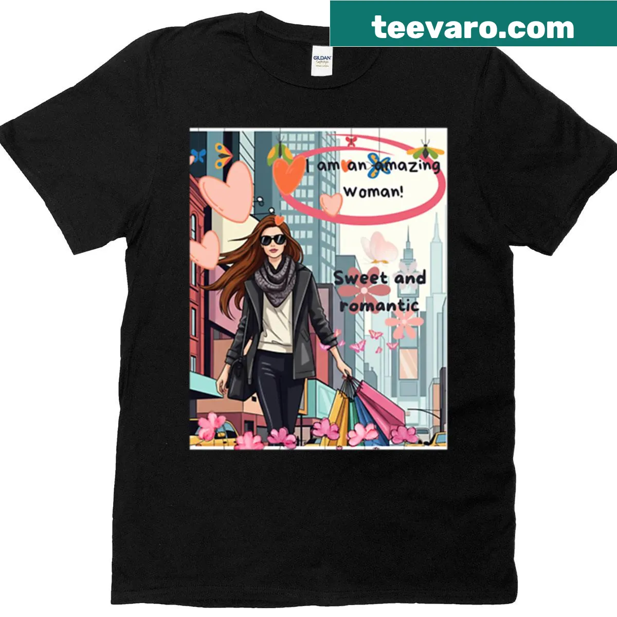 Illustration of a chic woman shopping on a t-shirt — on a men's t-shirt