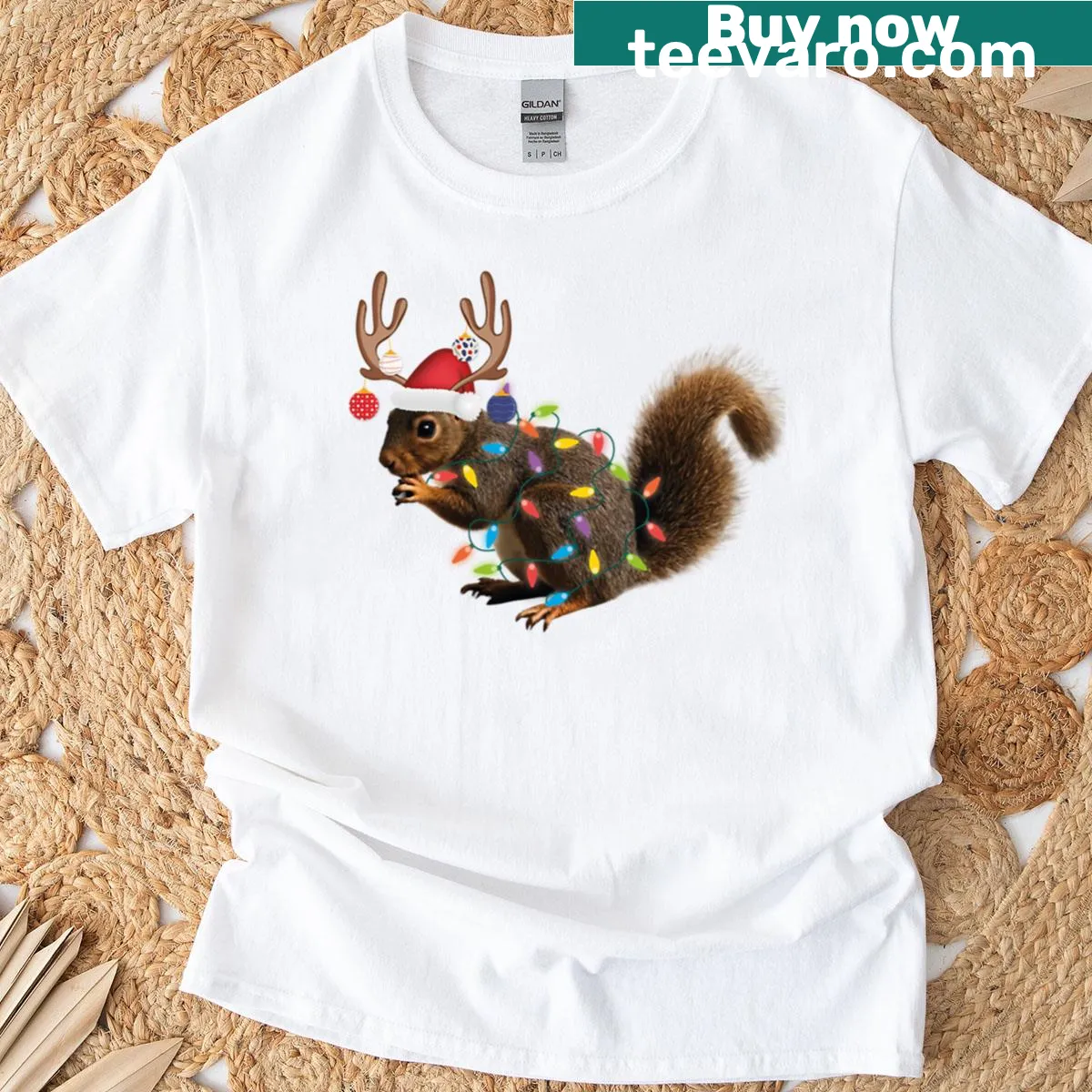 Cartoon squirrel with Christmas lights on a t-shirt — on a men's t-shirt