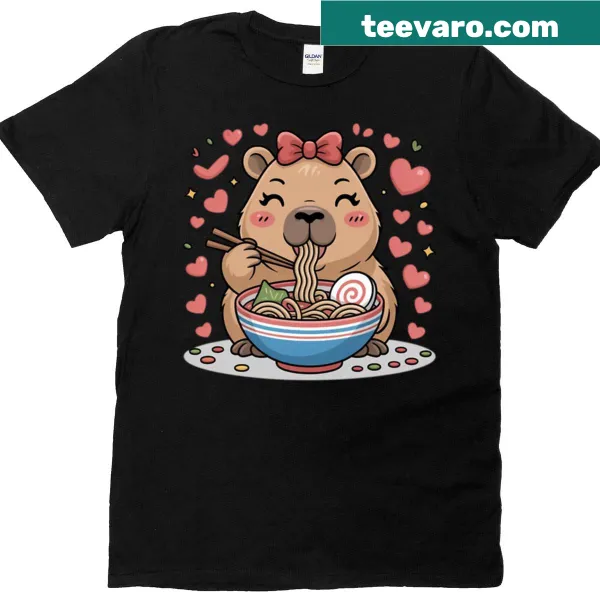 Illustration of a chubby capybara on a cute cozy t-shirt