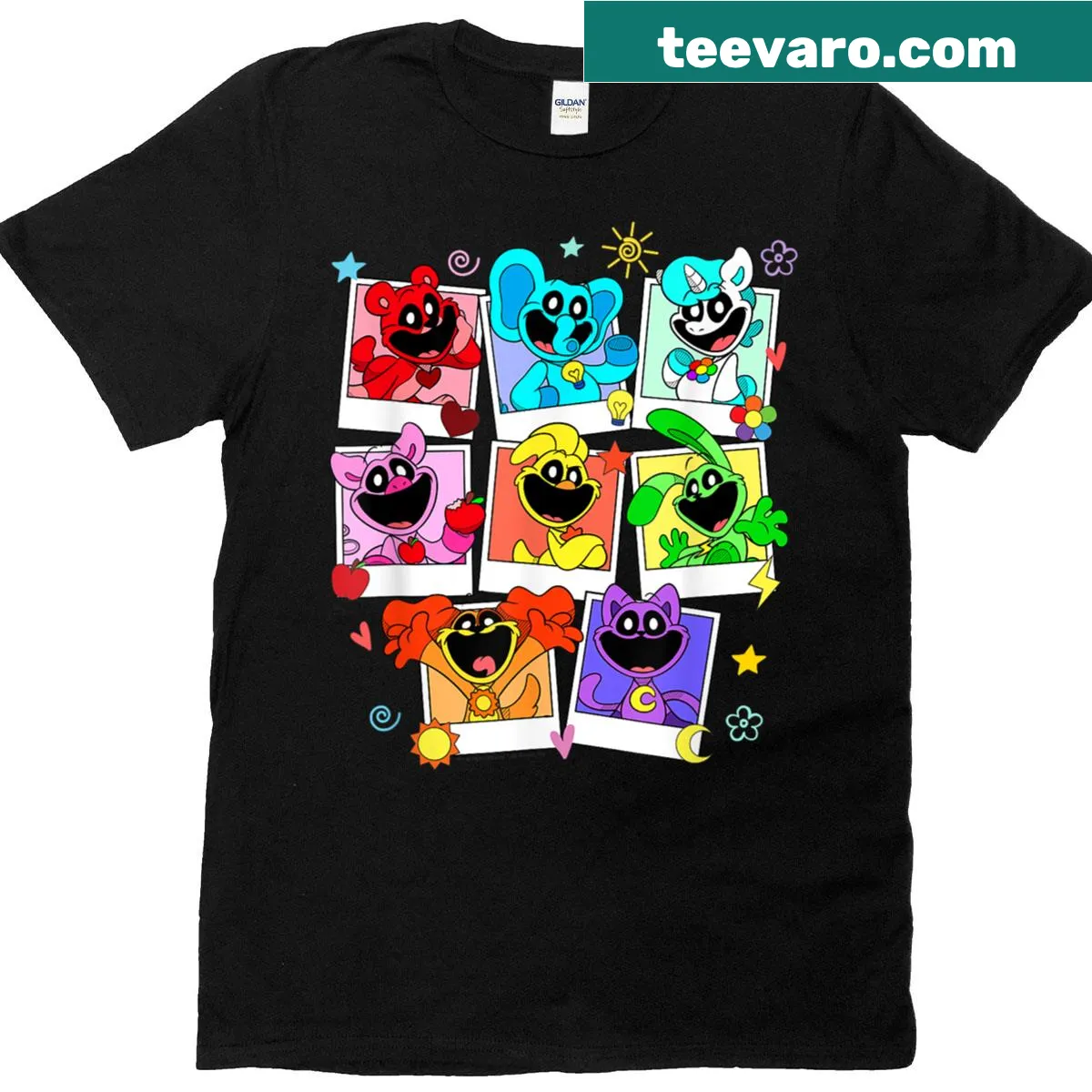 Illustration of smiling animals in a Polaroid style on a T-shirt — on a men's t-shirt