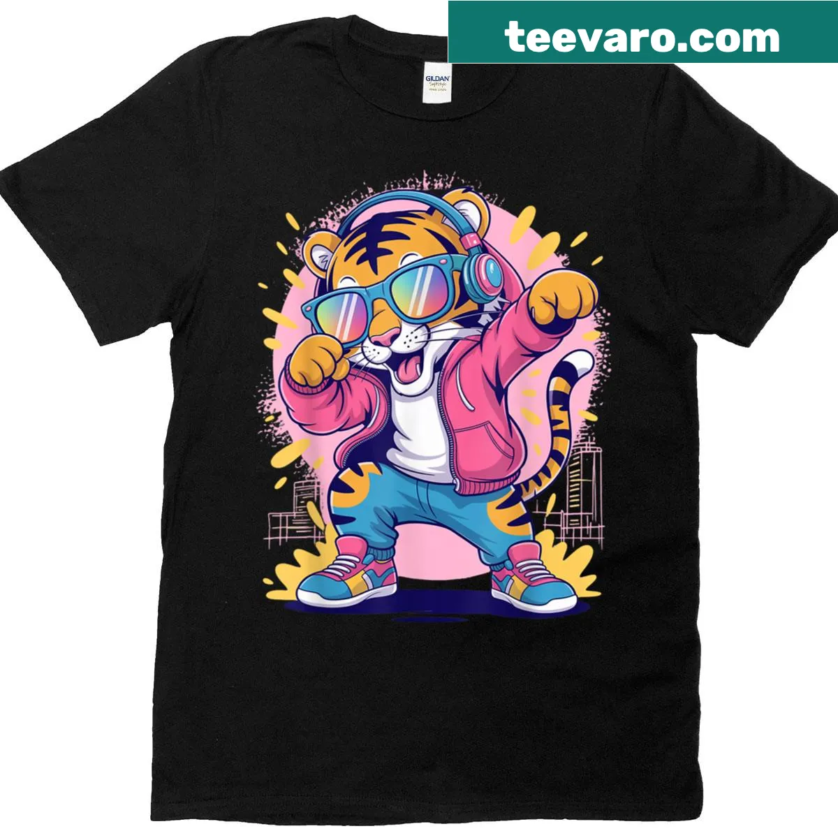 Dabbing tiger in sunglasses dancing, cartoon style — on a men's t-shirt