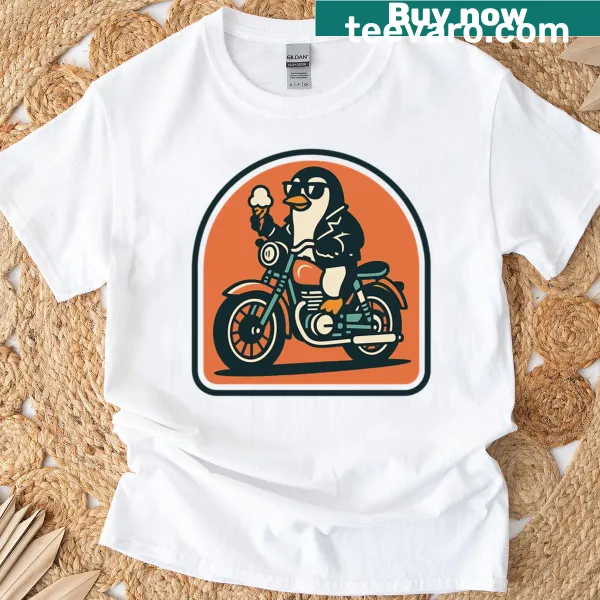 Retro penguin biker design T-shirt with ice cream and sunglasses