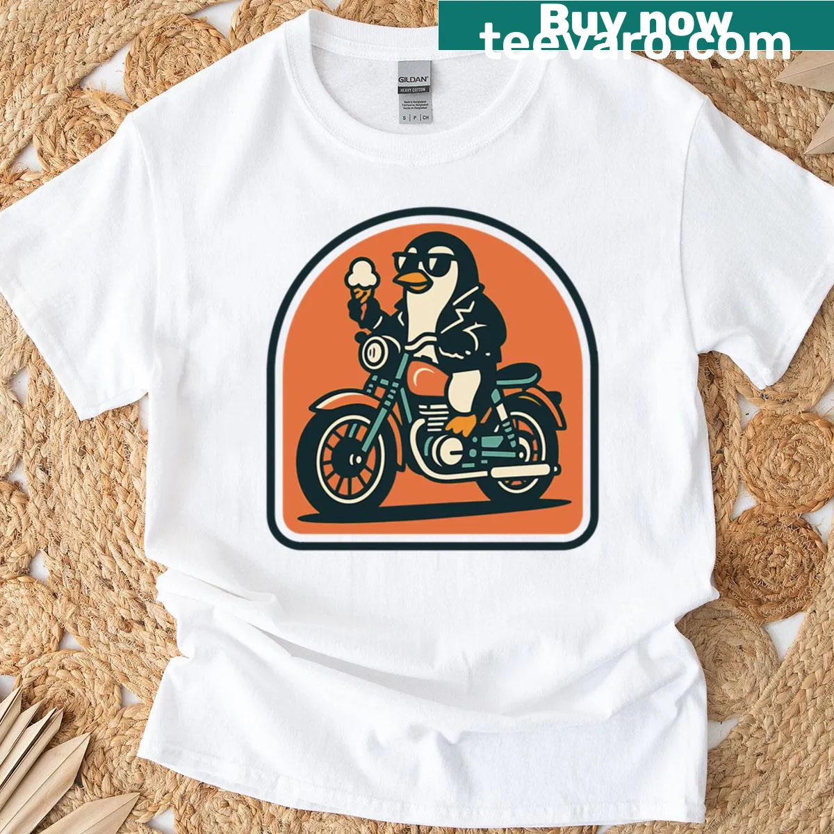 Retro penguin biker design T-shirt with ice cream and sunglasses — on a men's t-shirt