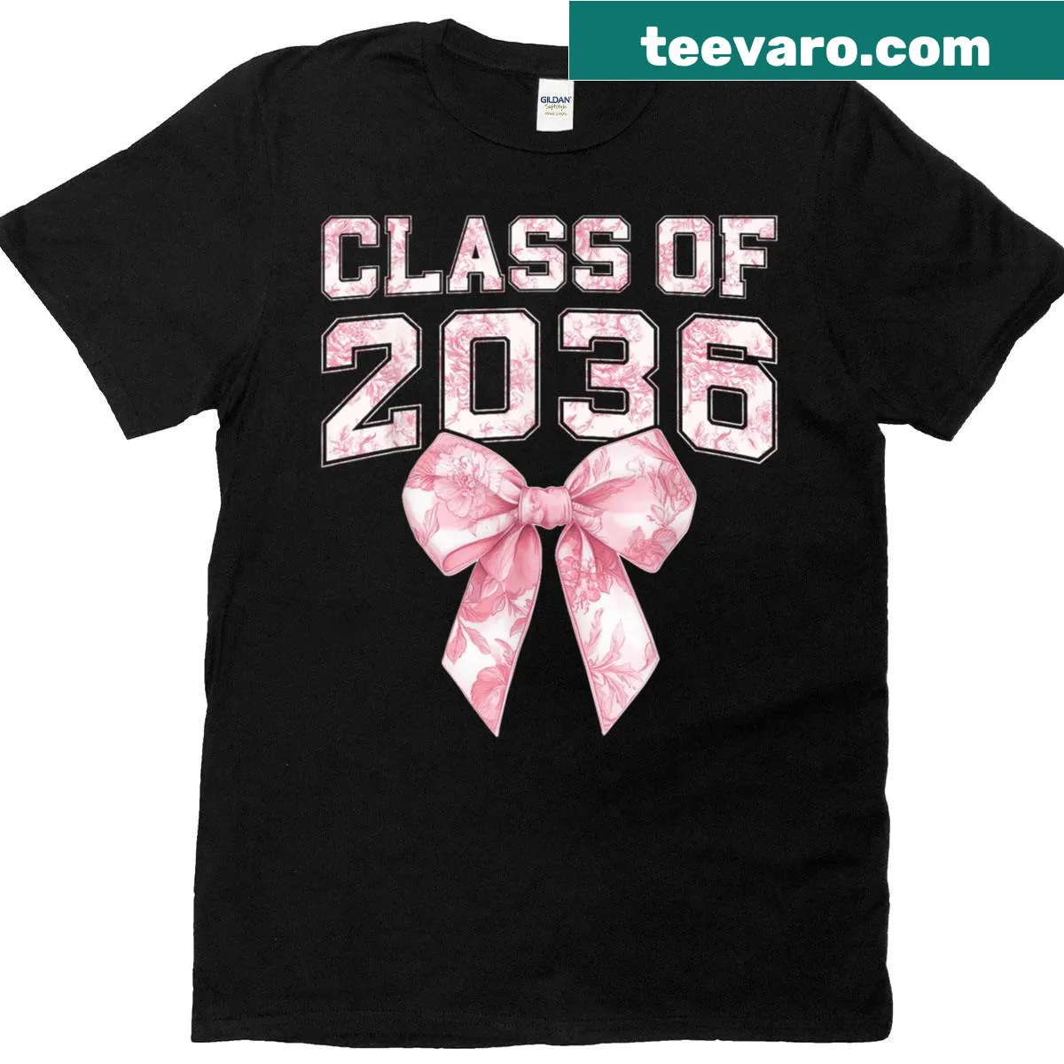 Girly graduation t-shirt with 'Class of 2036' and a coquette bow — on a men's t-shirt