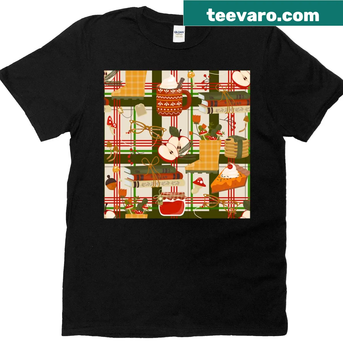 Illustrated t-shirt featuring apples, books, and jam for Thanksgiving — on a men's t-shirt