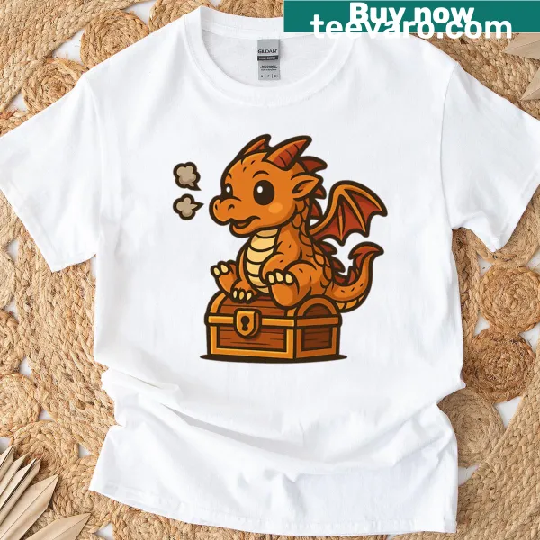 Cute baby dragon graphic on a t-shirt sitting on a treasure chest