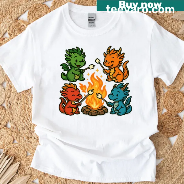 Illustration of cute baby dragons roasting marshmallows around a campfire