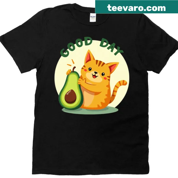 Cartoon cat and avocado illustration on a t-shirt