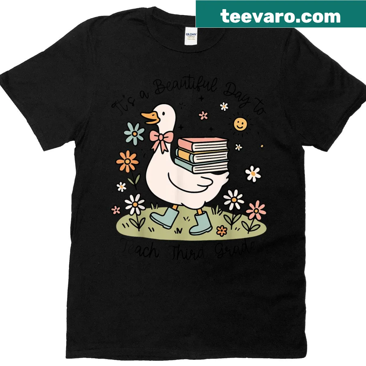 Cute goose teaching t-shirt with uplifting message — on a men's t-shirt