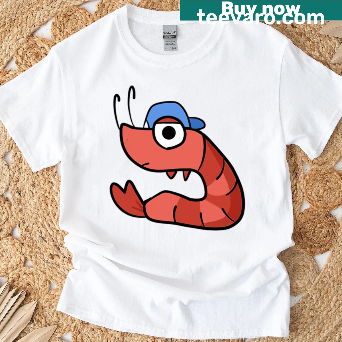 Cute cartoon shrimp graphic t-shirt — on a men's t-shirt