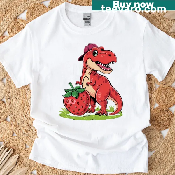 Cute T-Rex with strawberries cartoon t-shirt