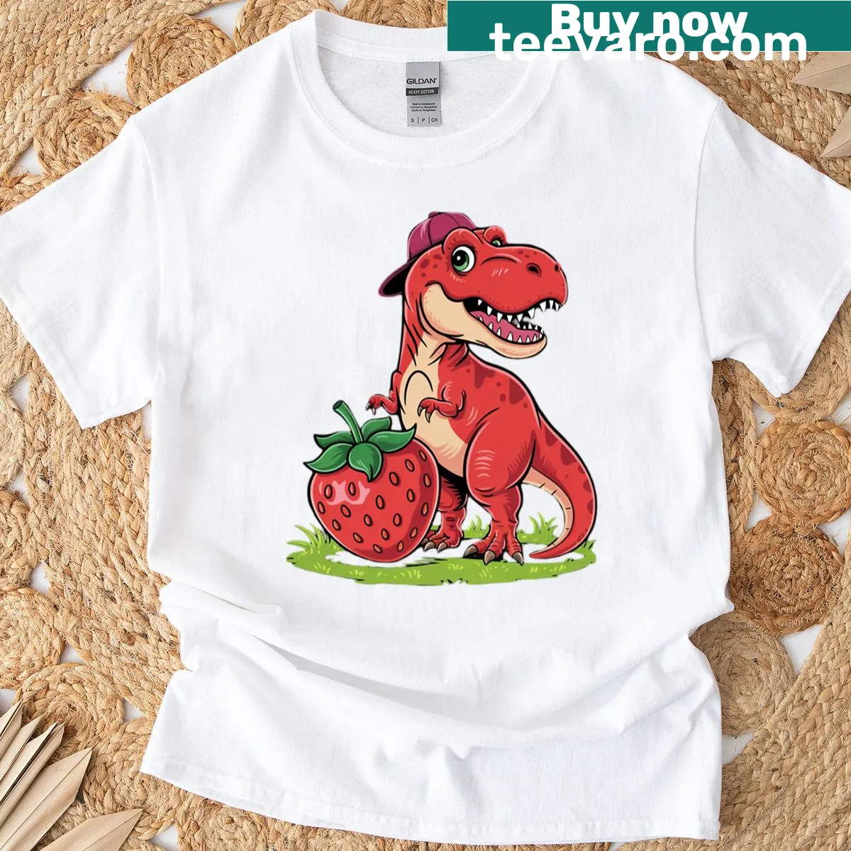 Cute T-Rex with strawberries cartoon t-shirt — on a men's t-shirt
