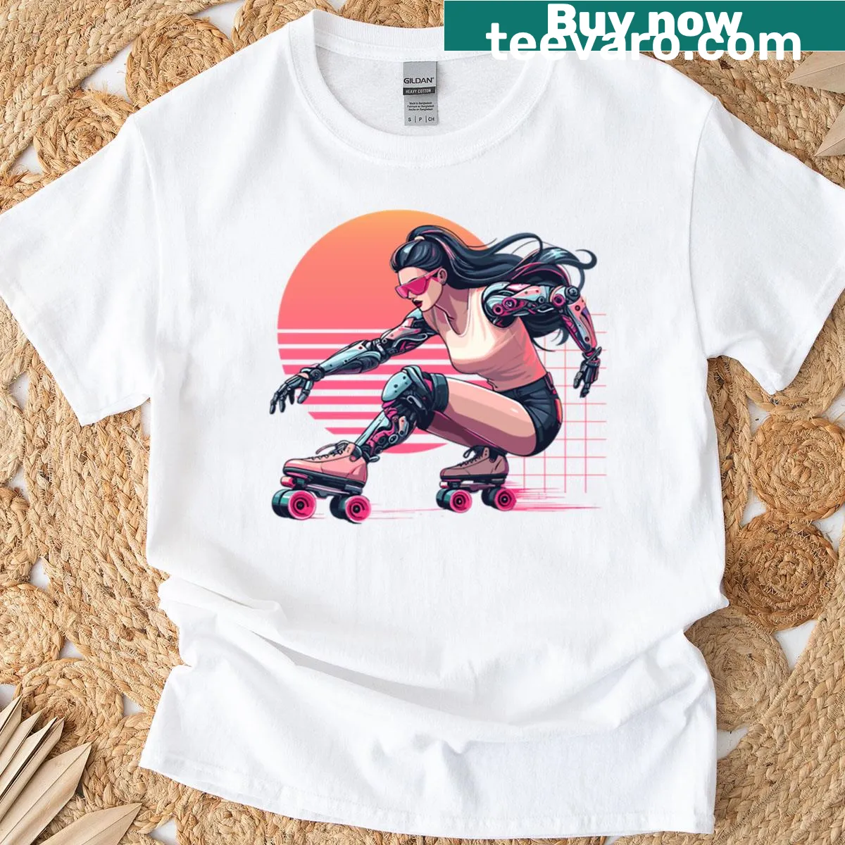 Illustration of a cybernetic rollergirl on a t-shirt — on a men's t-shirt
