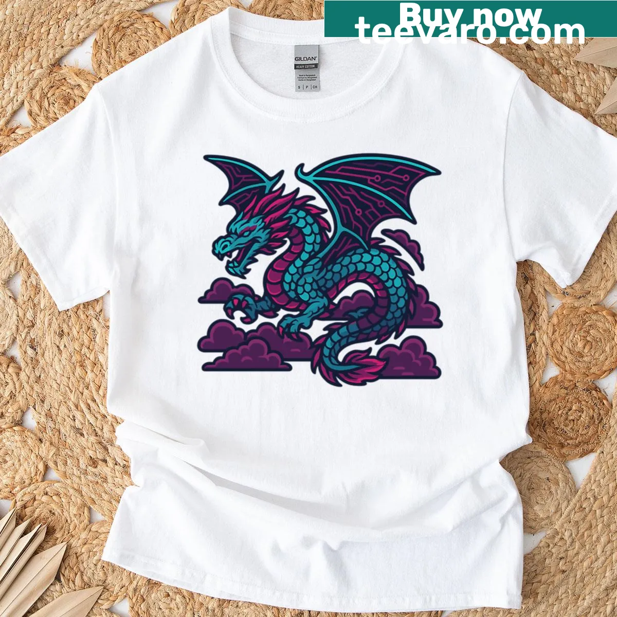 Cyberpunk dragon t-shirt with tech wings and neon scales flying — on a men's t-shirt