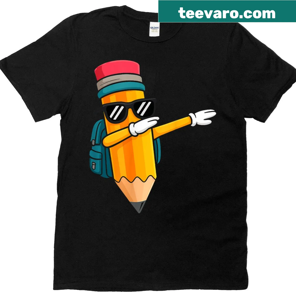 Cartoon pencil dabbing with a funny back to school theme — on a men's t-shirt