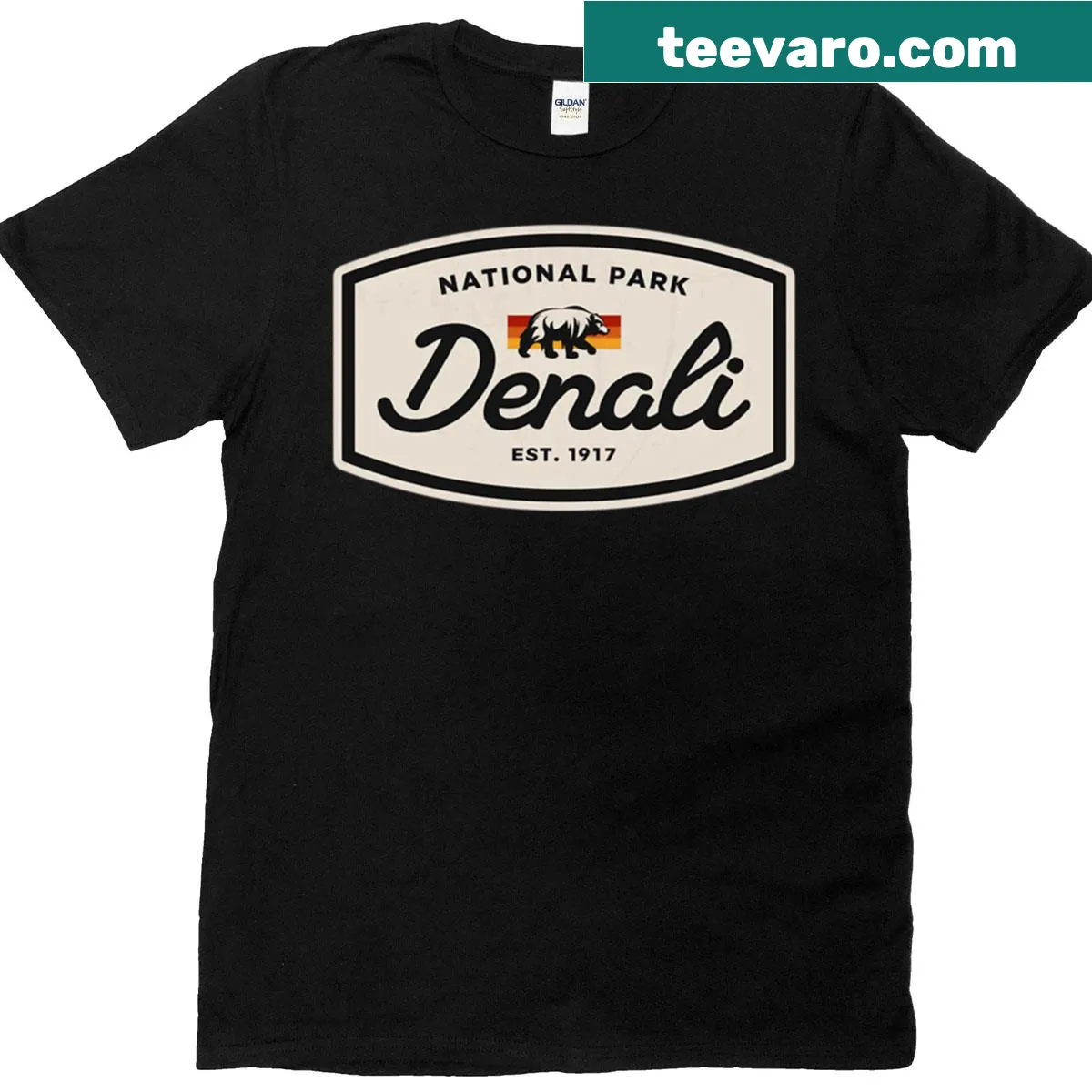 Illustrative t-shirt with a bear family and mountains representing Denali National Park — on a men's t-shirt