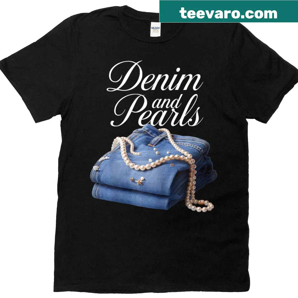 Vintage-style t-shirt featuring denim and pearls design for women — on a men's t-shirt
