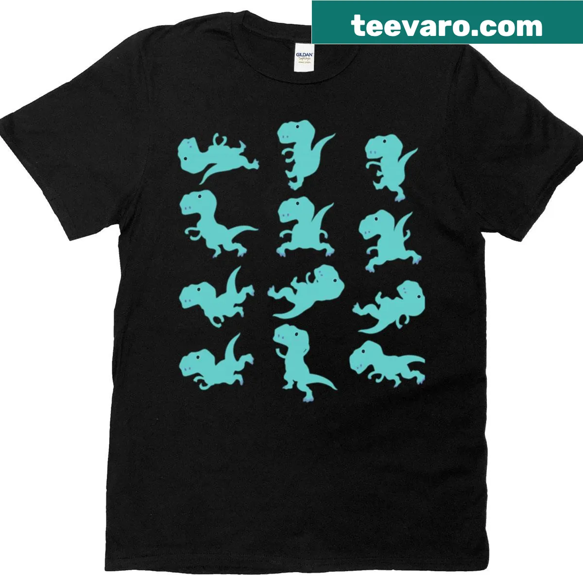 Cartoon dinosaurs doing yoga on a funny T-shirt for animal lovers. — on a men's t-shirt