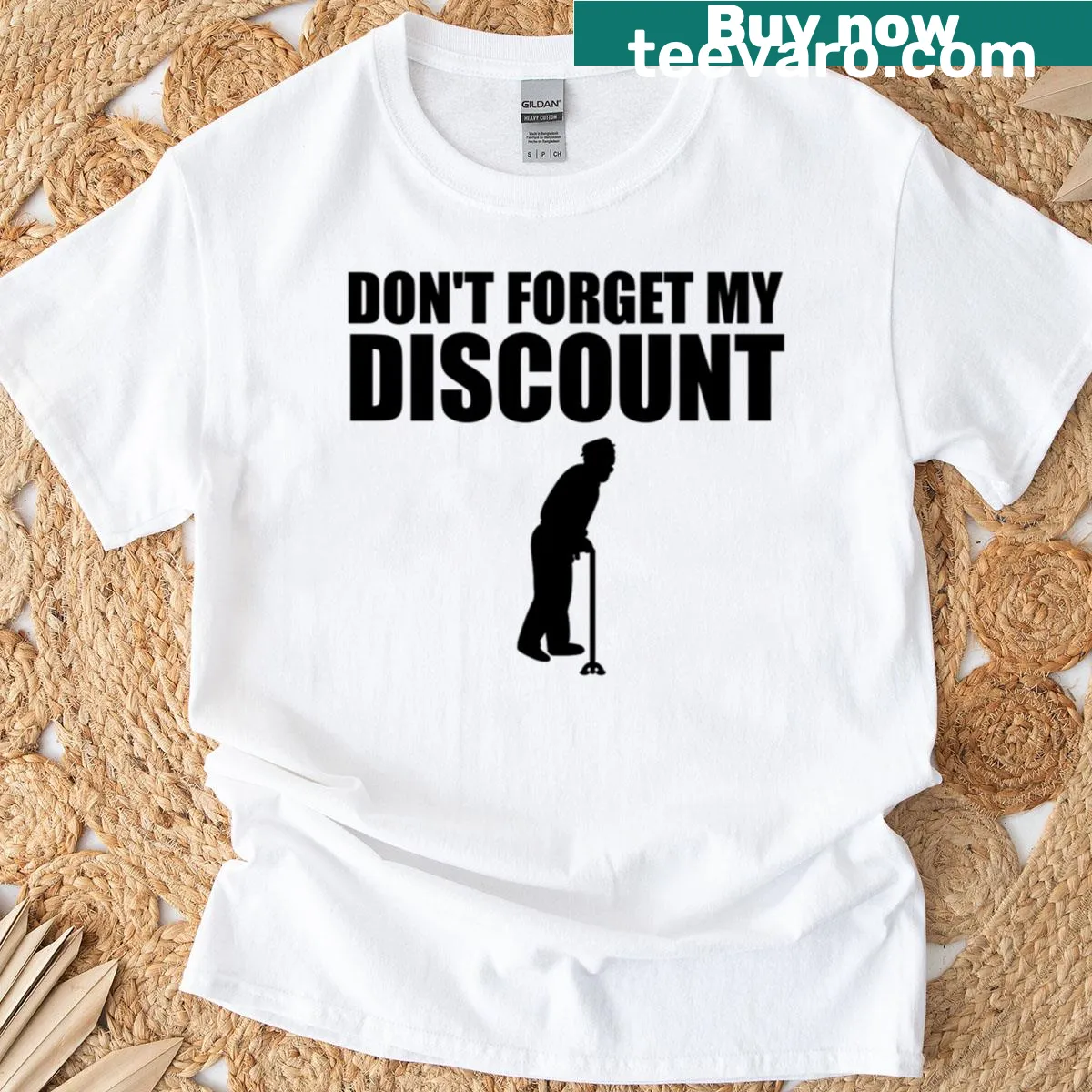 Funny T-shirt for seniors with bold text about discounts for elderly — on a men's t-shirt
