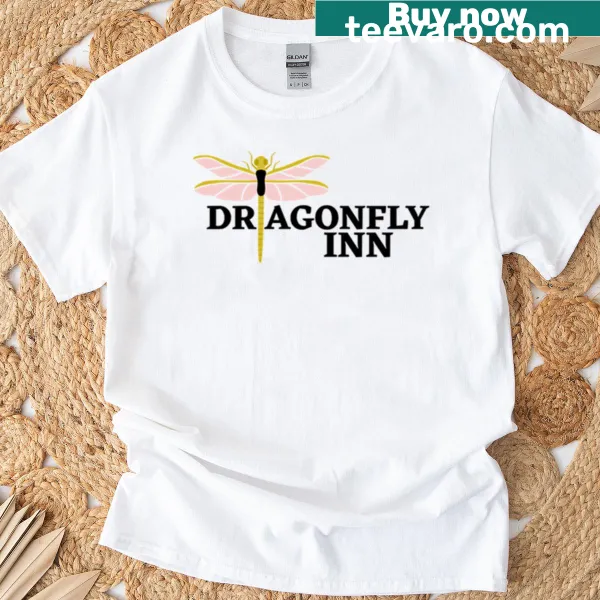 Illustrated t-shirt featuring delicate dragonflies and the text 'Dragonfly Inn'