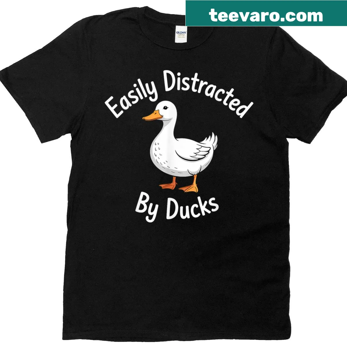 Whimsical farmer distracted by ducks graphic on t-shirt — on a men's t-shirt