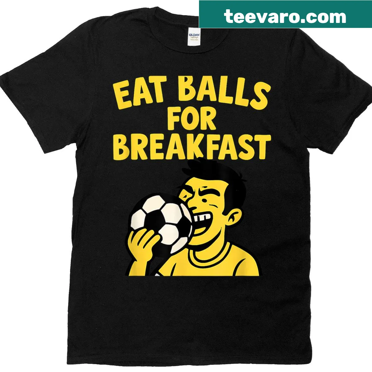 Funny soccer fan t-shirt with breakfast quote design — on a men's t-shirt