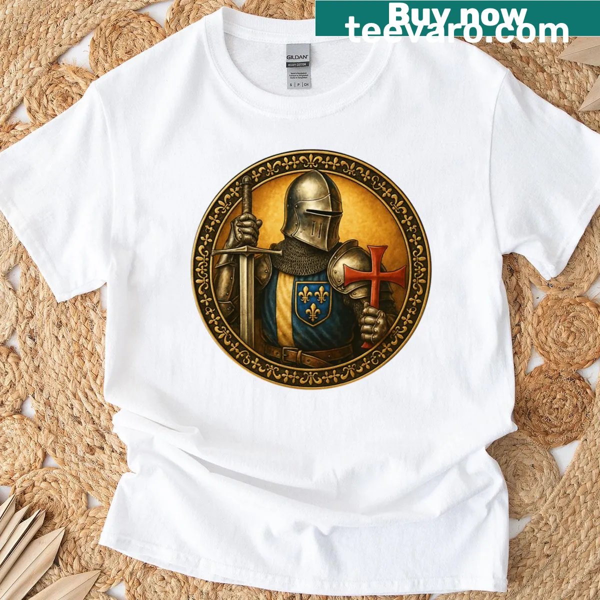 French warrior with Fleur De Lis illustration T-shirt — on a men's t-shirt