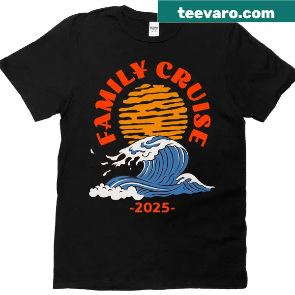 Illustration of a cruise ship with 'Family Cruise 2025' text on a T-shirt