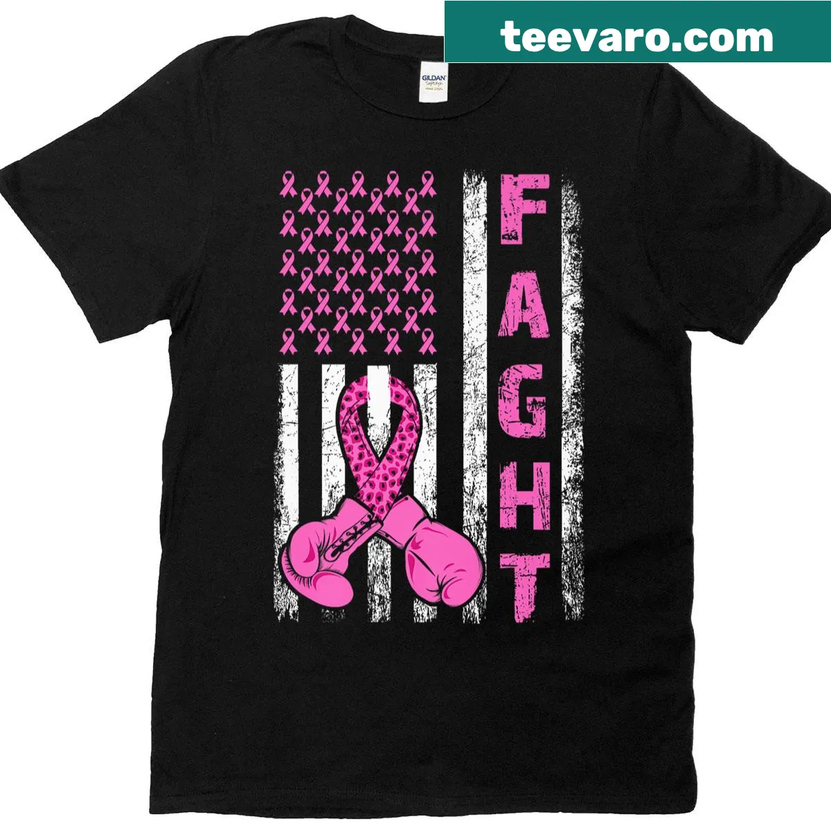 American flag breast cancer awareness graphic on a T-shirt — on a men's t-shirt