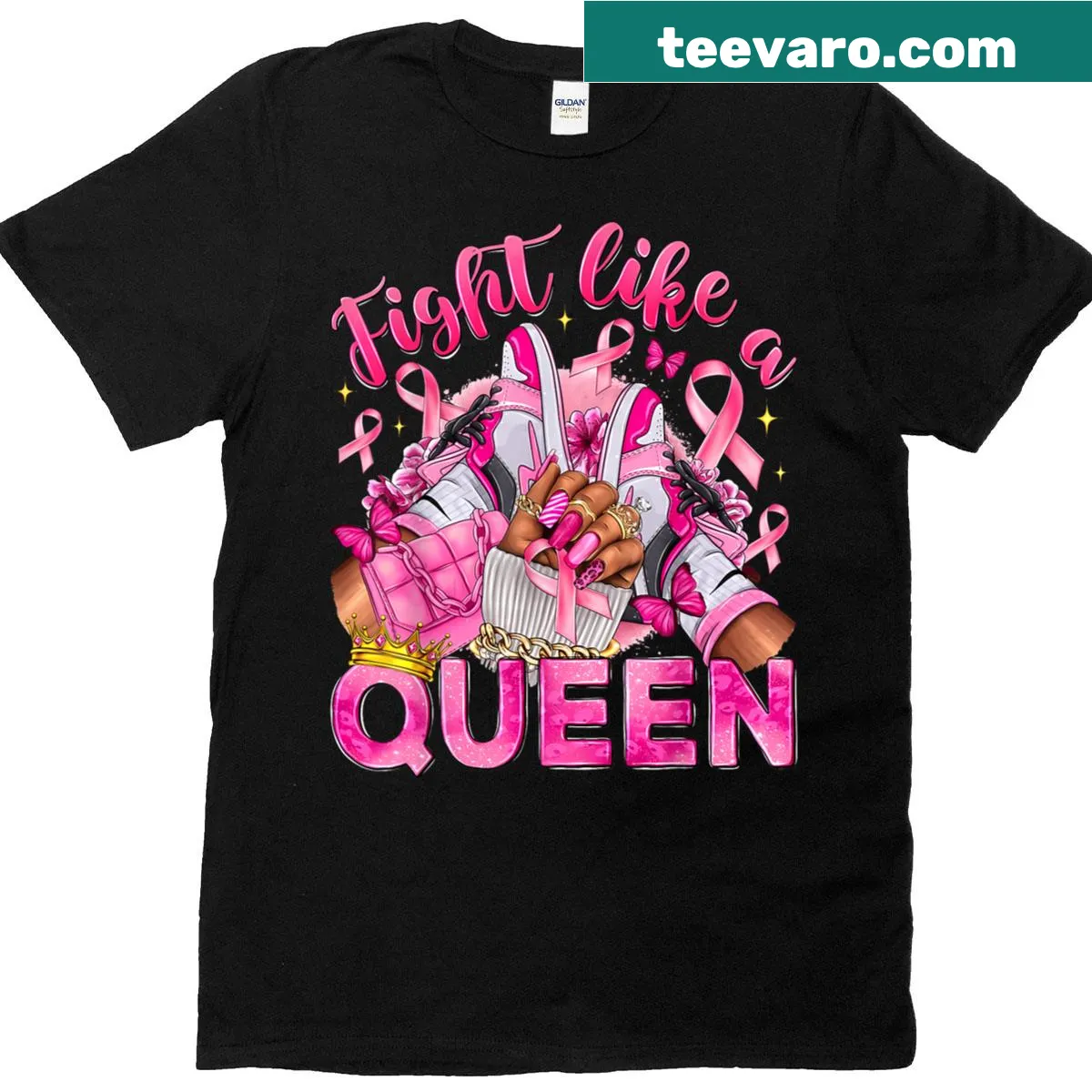 Inspirational T-shirt with 'Fight Like A Queen' and sneaker graphic — on a men's t-shirt