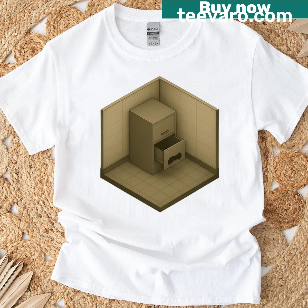 Isometric art print of a filing cabinet in horror style on t-shirt — on a men's t-shirt