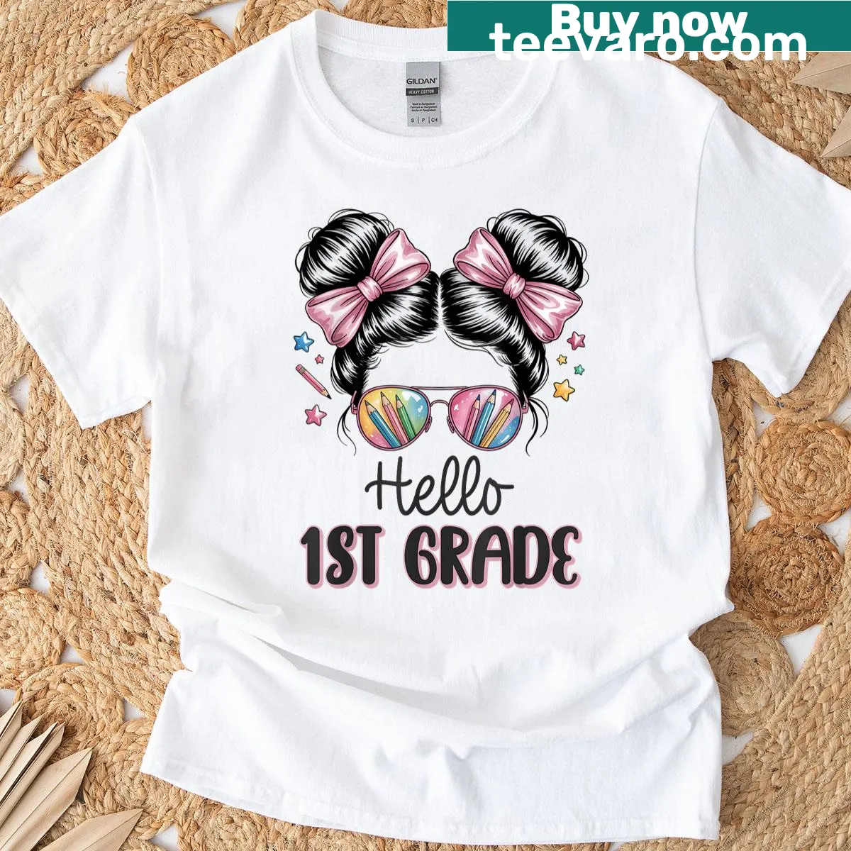 T-shirt for girls with 'First Day Of First Grade Hello 1st Grade' text — on a men's t-shirt