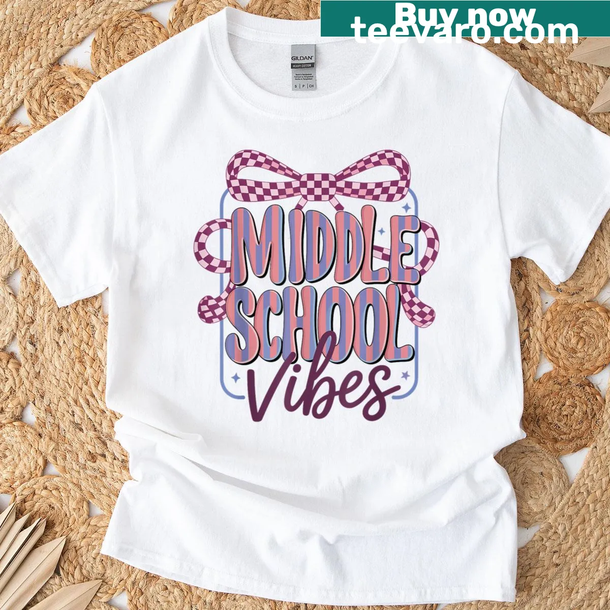 T-shirt with first day of middle school vibes and bow graphic — on a men's t-shirt