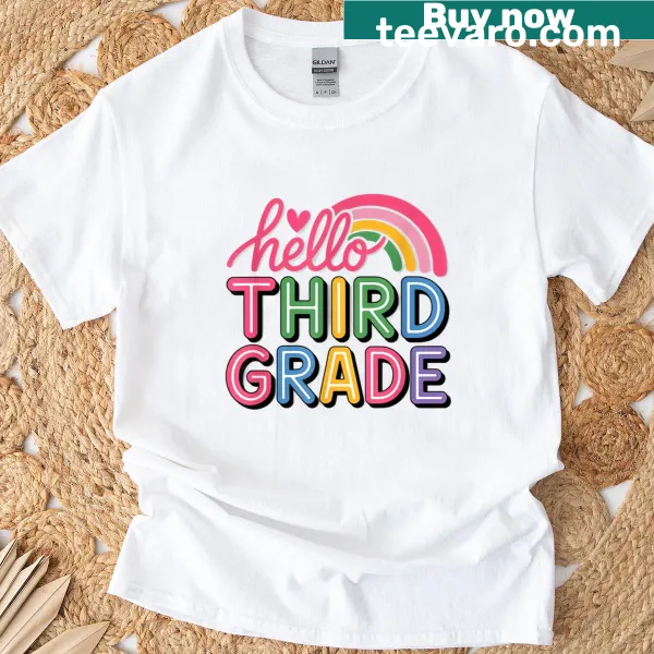 T-shirt with 'Hello Third Grade' text and playful illustrations