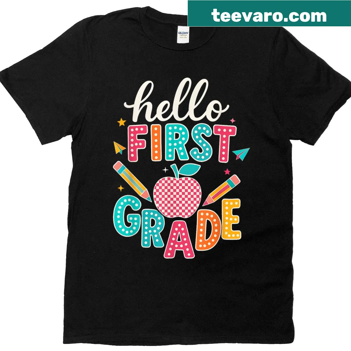 Illustrative T-shirt with 'Hello First Grade' greeting for kids — on a men's t-shirt