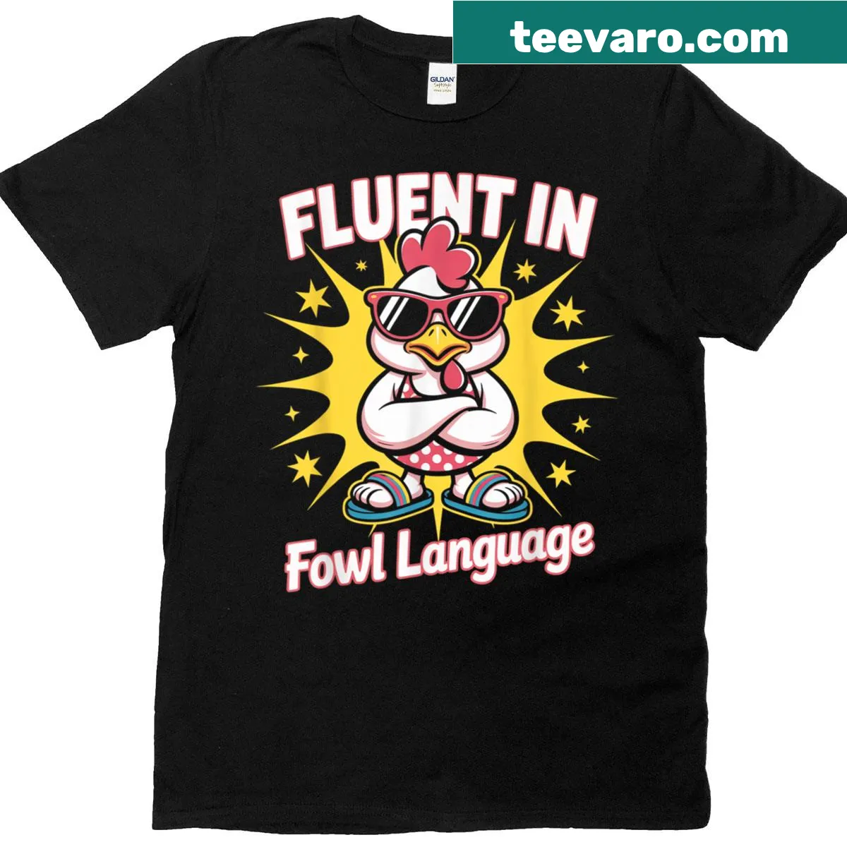 Funny T-shirt for chicken lovers with the saying 'Fluent In Fowl Language'. — on a men's t-shirt