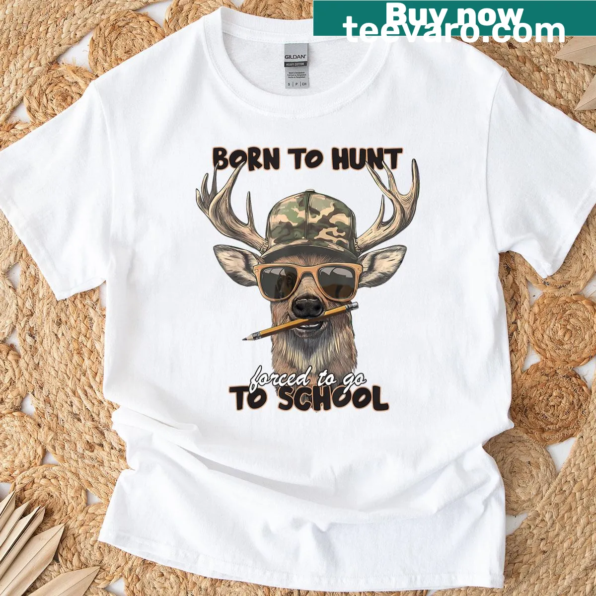 Cartoon deer hunting design T-shirt for kids with camo style. — on a men's t-shirt