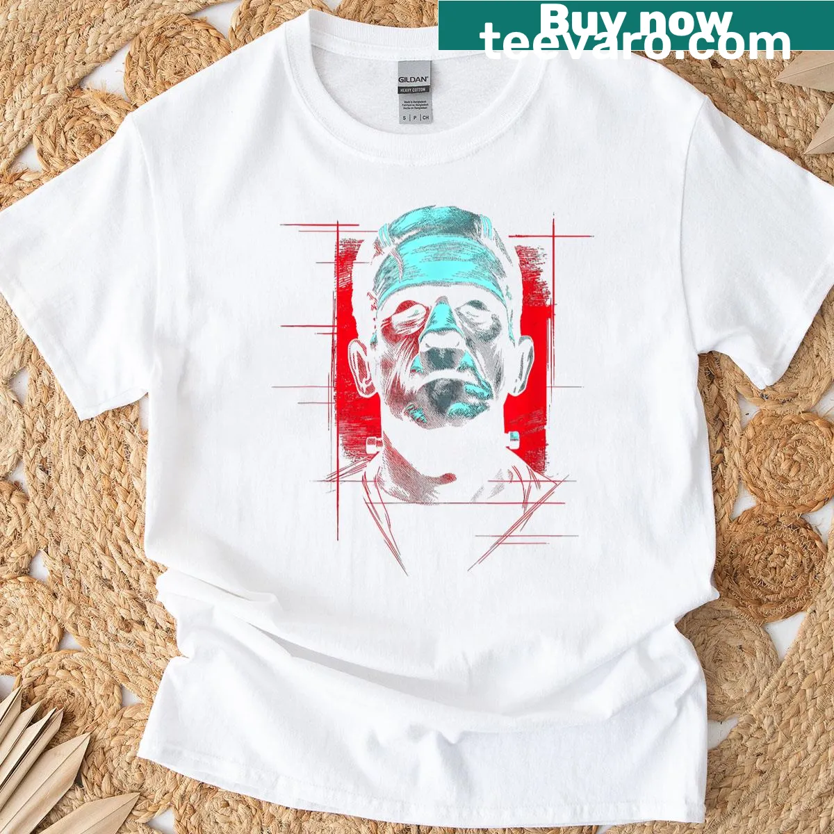 Vintage-style Frankenstein graphic T-shirt for Halloween. — on a men's t-shirt