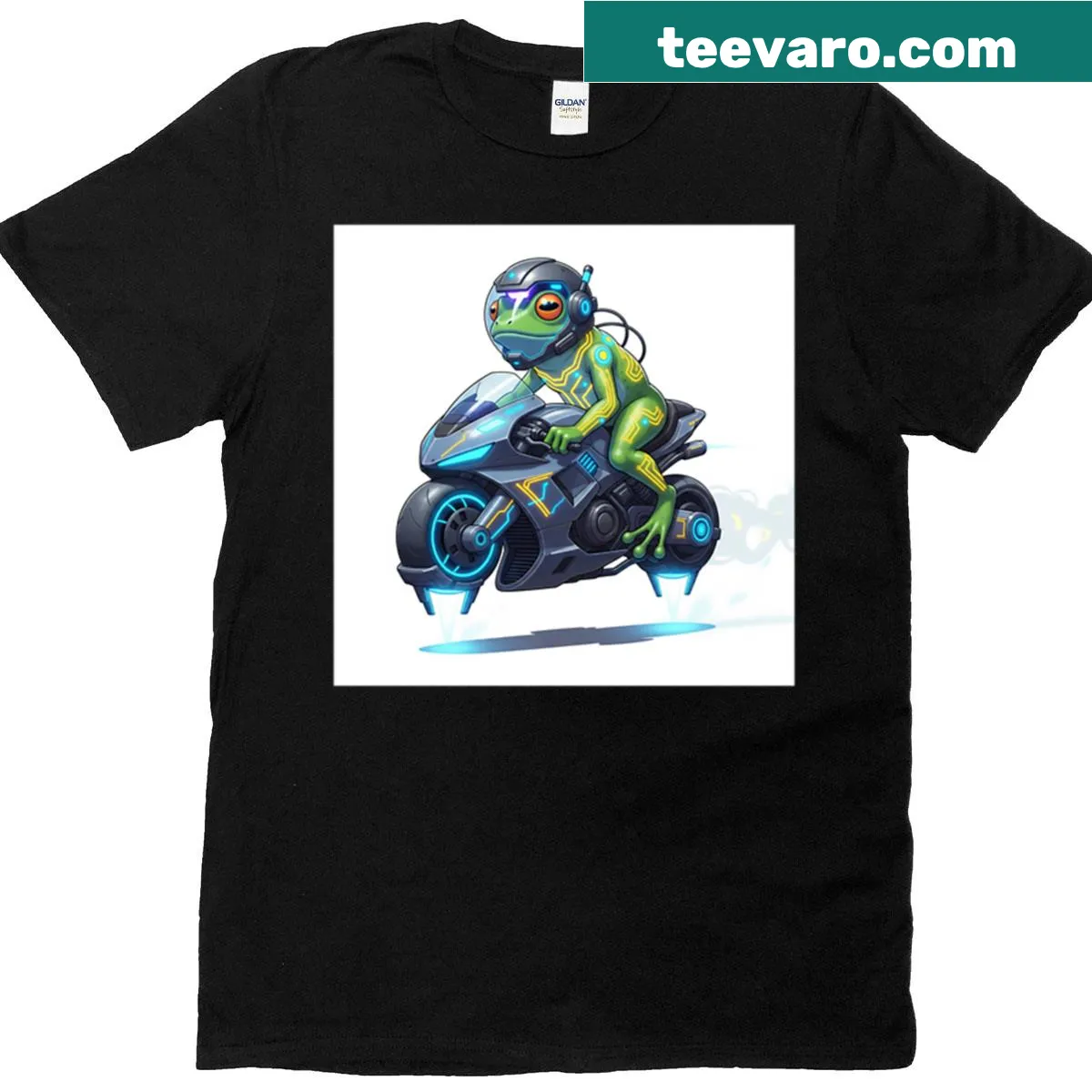 Cartoon frog riding a motorcycle graphic on a t-shirt — on a men's t-shirt