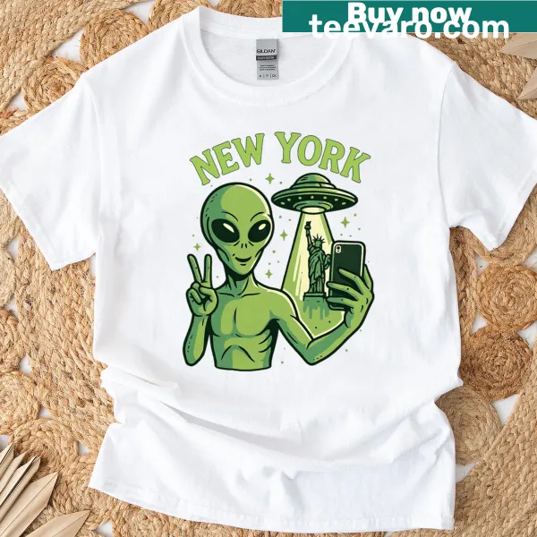 Cartoon alien with peace sign and NYC background