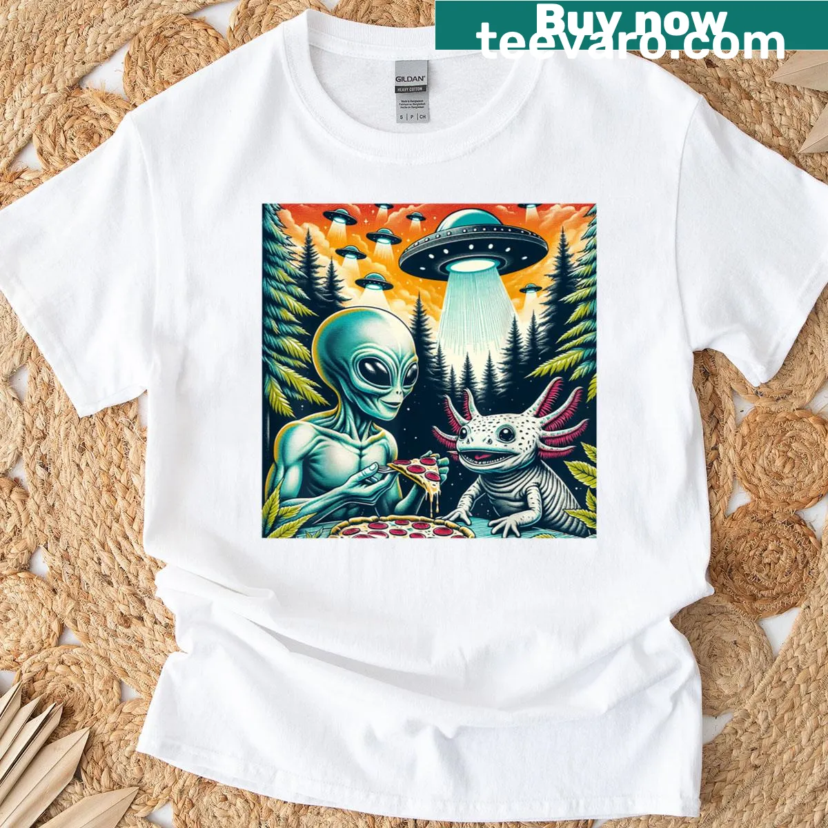 Whimsical graphic of an axolotl and alien eating pizza — on a men's t-shirt