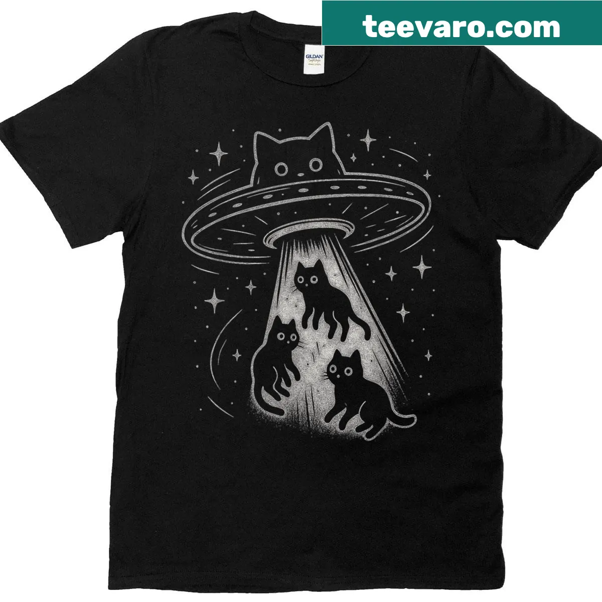 Cat in a UFO graphic with stars and planets on a t-shirt — on a men's t-shirt