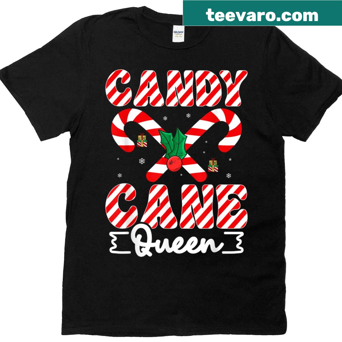 Funny Candy Cane Queen graphic for Christmas on a T-shirt — on a men's t-shirt