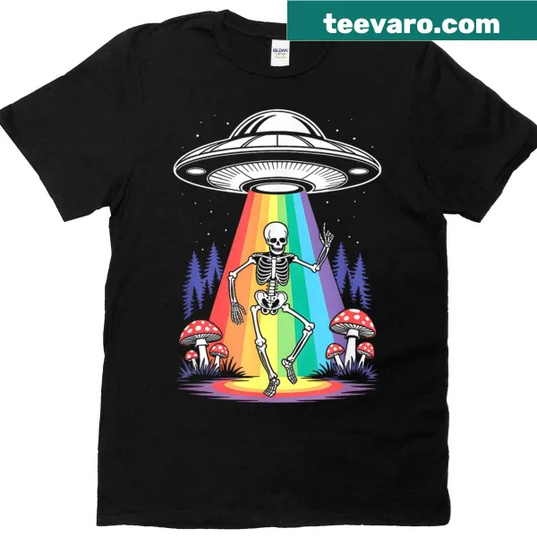Dancing skeleton with aliens and UFO graphic on a t-shirt