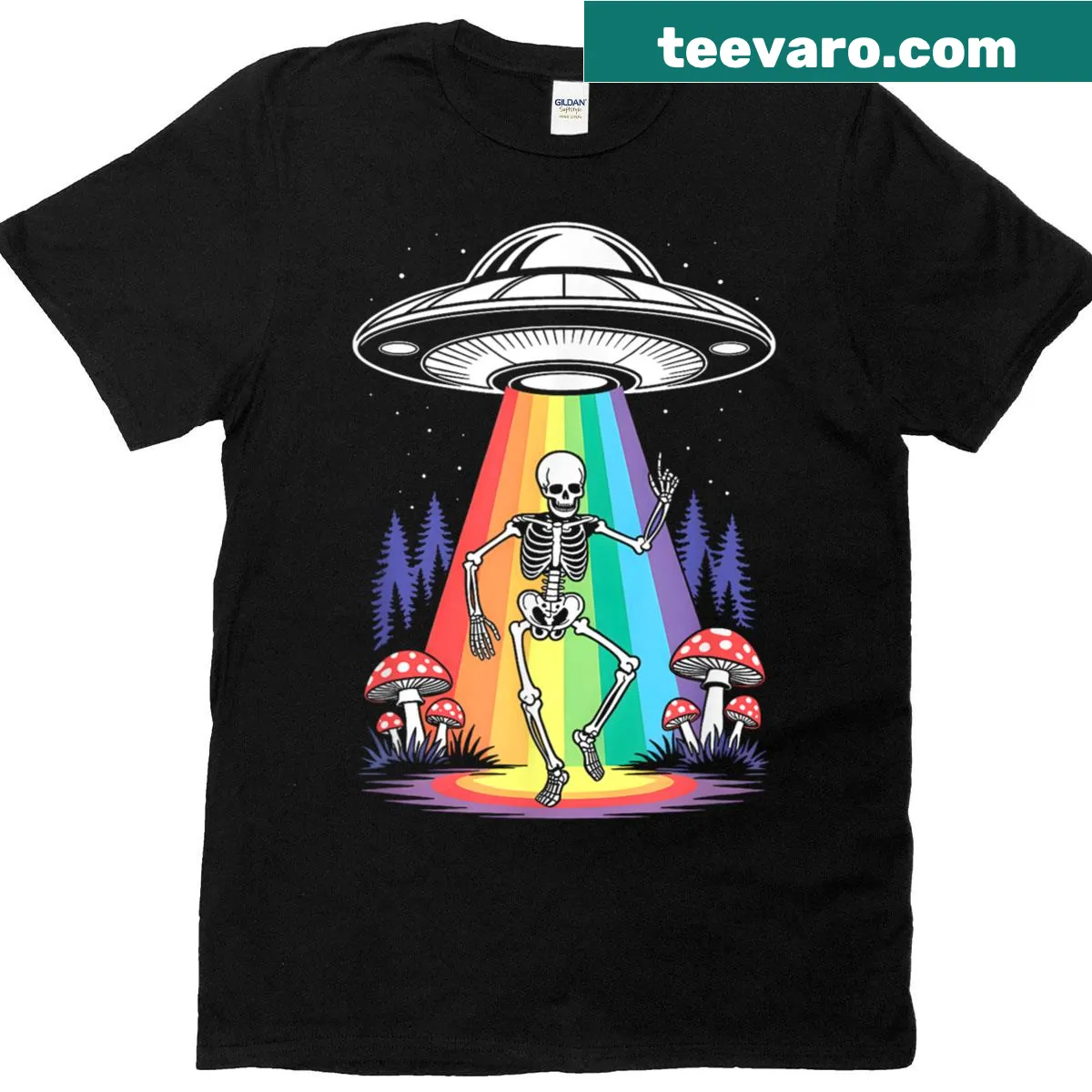 Dancing skeleton with aliens and UFO graphic on a t-shirt — on a men's t-shirt