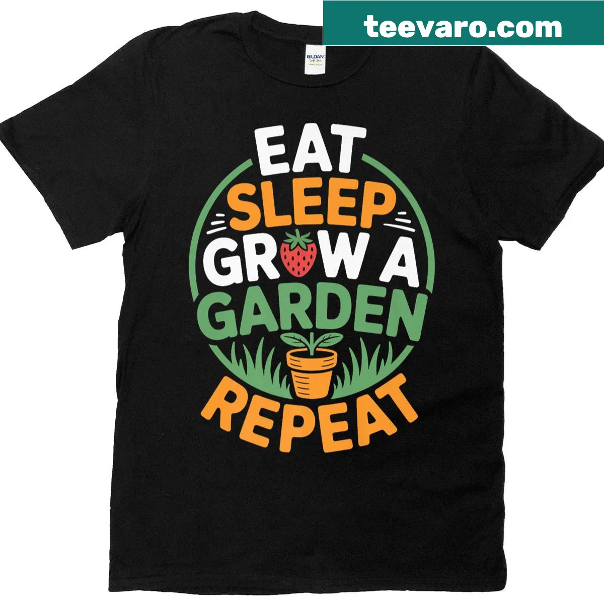 T-shirt with text 'Eat Sleep Grow A Garden Repeat' in a playful design — on a men's t-shirt