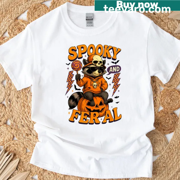 Halloween T-shirt with a funny raccoon and pumpkins