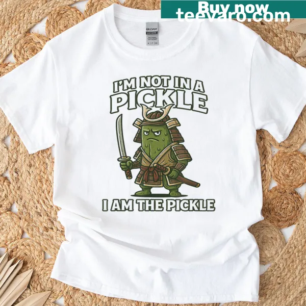 Cartoon cucumber samurai graphic t-shirt with funny text