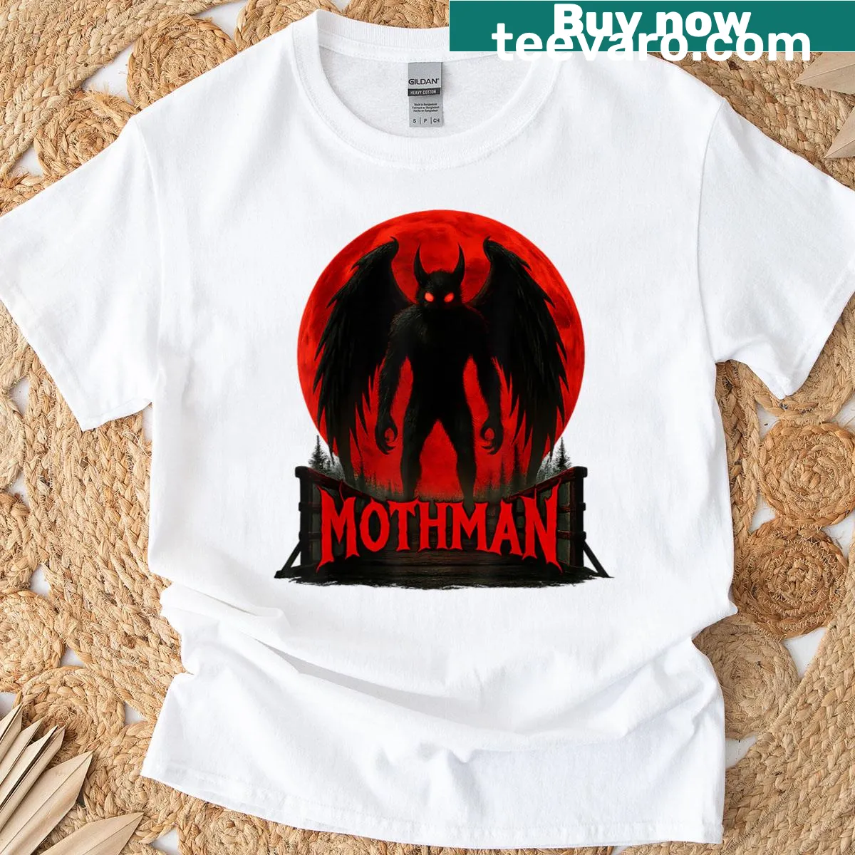 Mothman t-shirt with bold typography celebrating the cryptid. — on a men's t-shirt